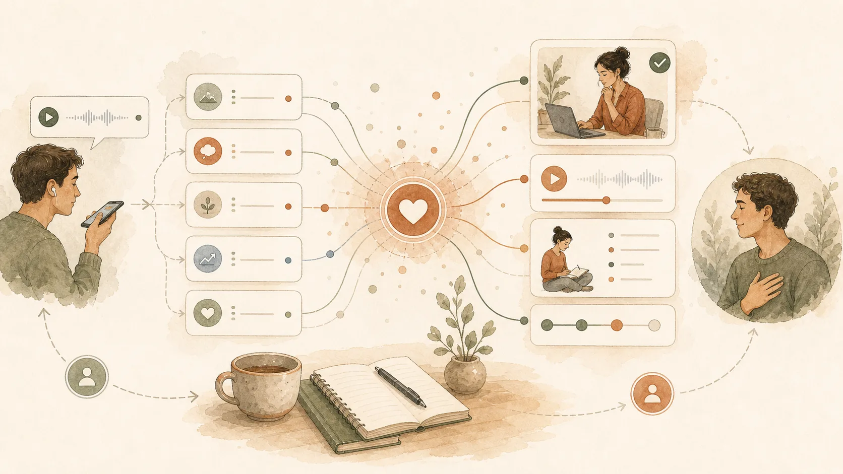 A client check-in loop where short answers become a personalized coaching session and next step.