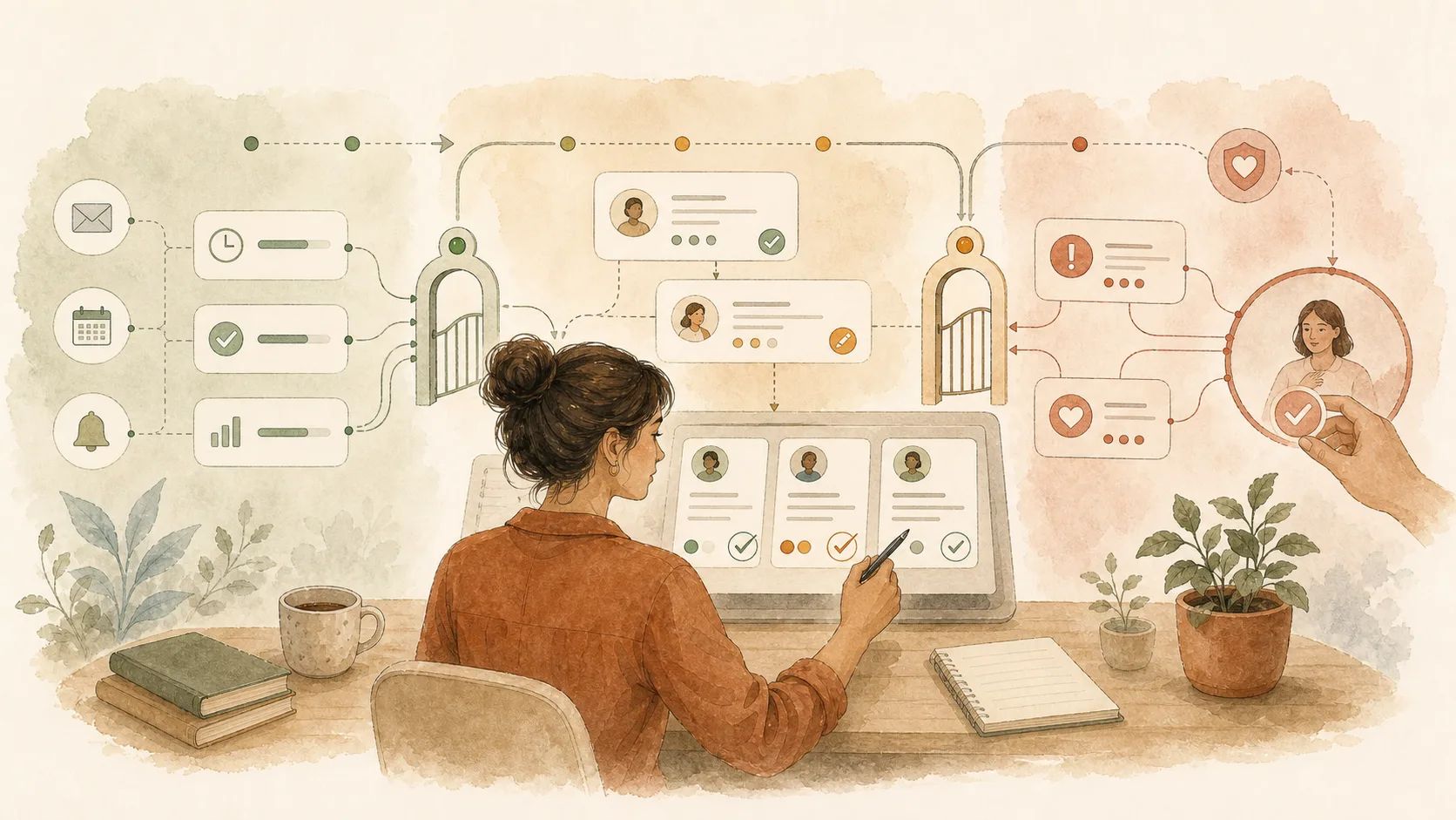A human review workflow separating automated coaching tasks, personalized outputs for review, and sensitive decisions kept human.