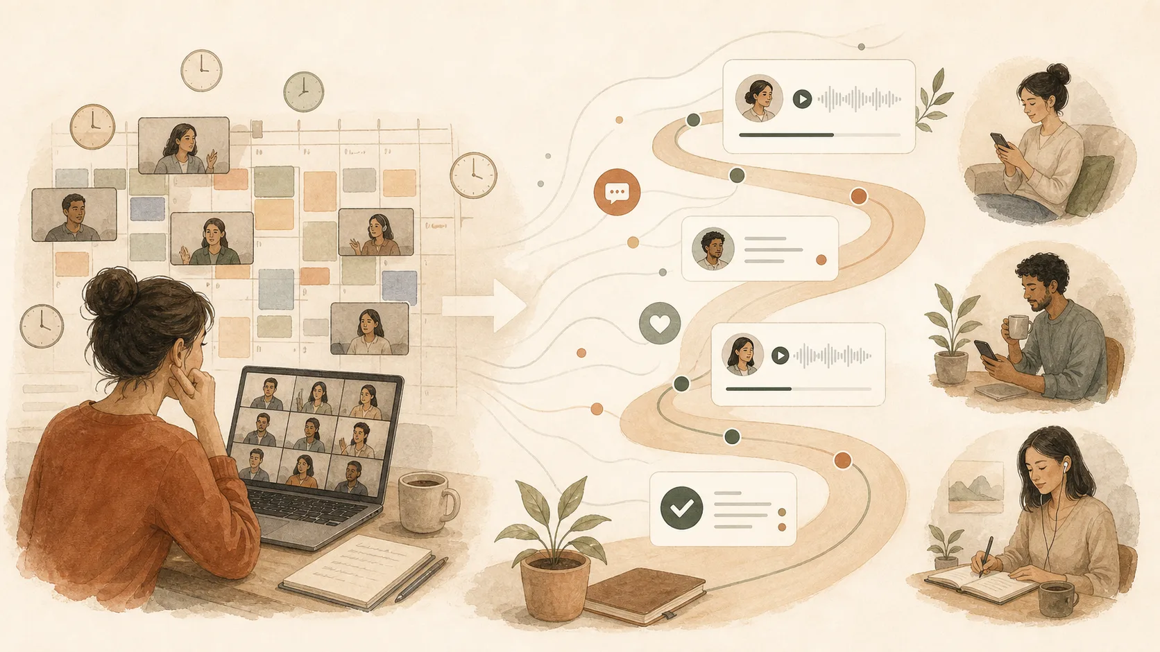 A crowded live coaching calendar transforming into async personalized sessions clients can complete on their own schedule.