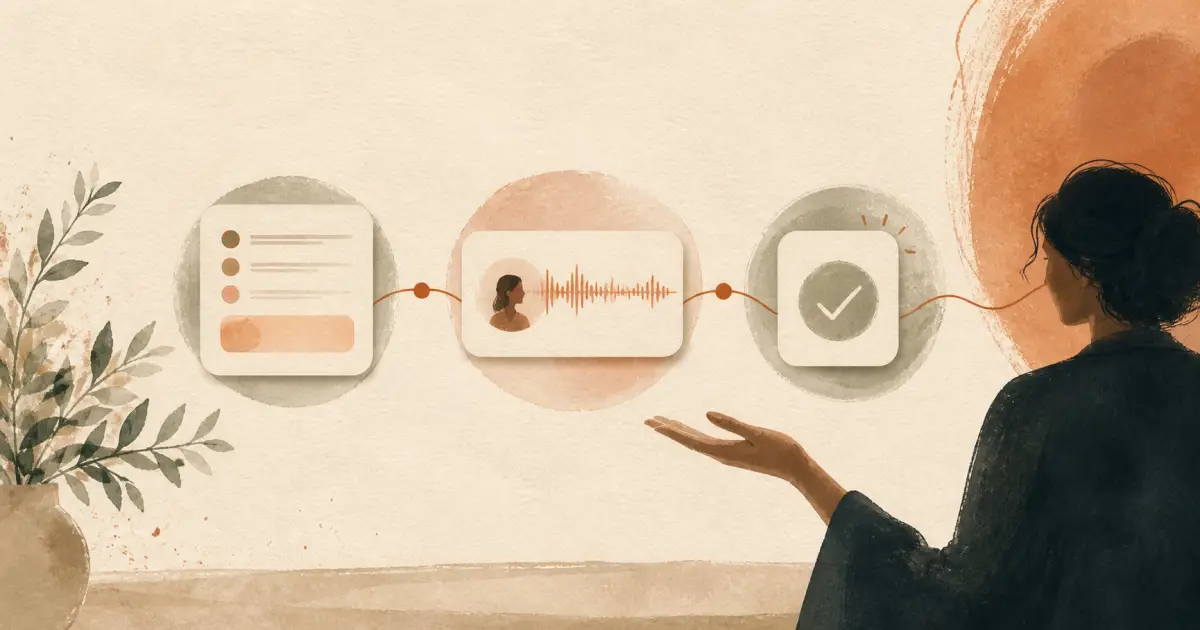 An onboarding journey diagram showing intake forms, personalized welcome audio, and first micro-wins for coaching clients.