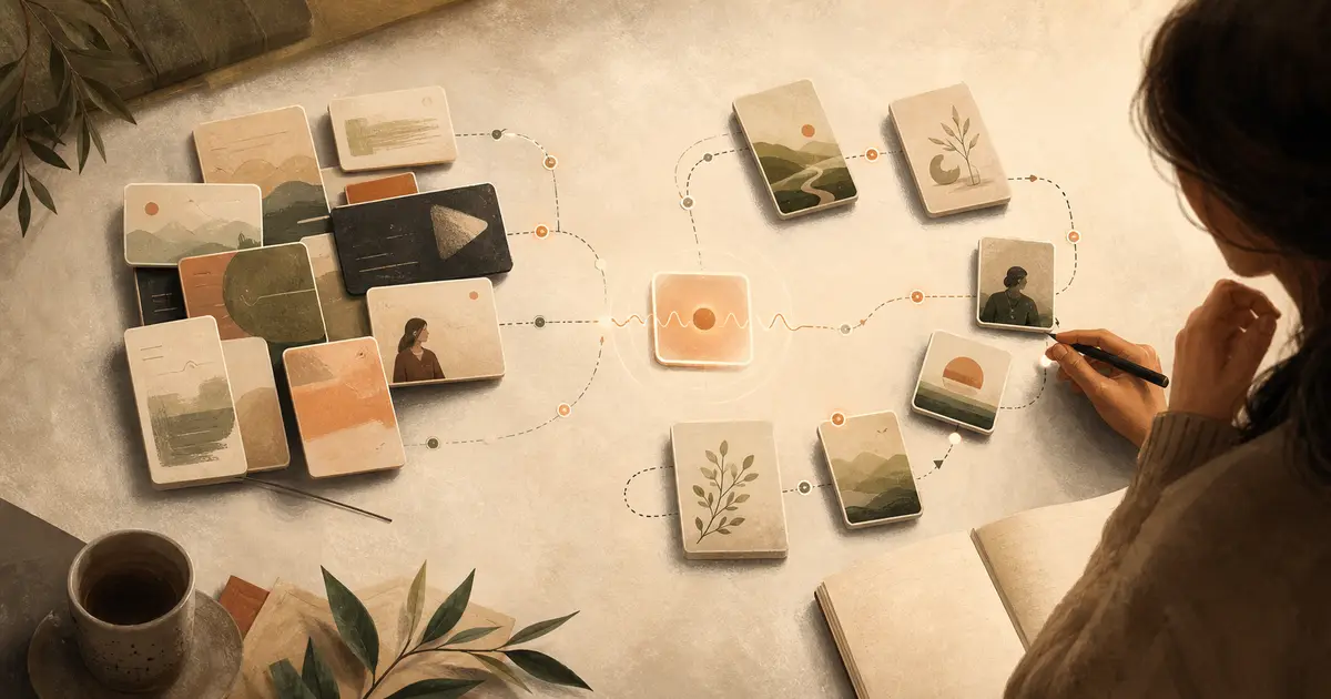 A fixed content library being routed into personalized paths so each client feels it was made for them.